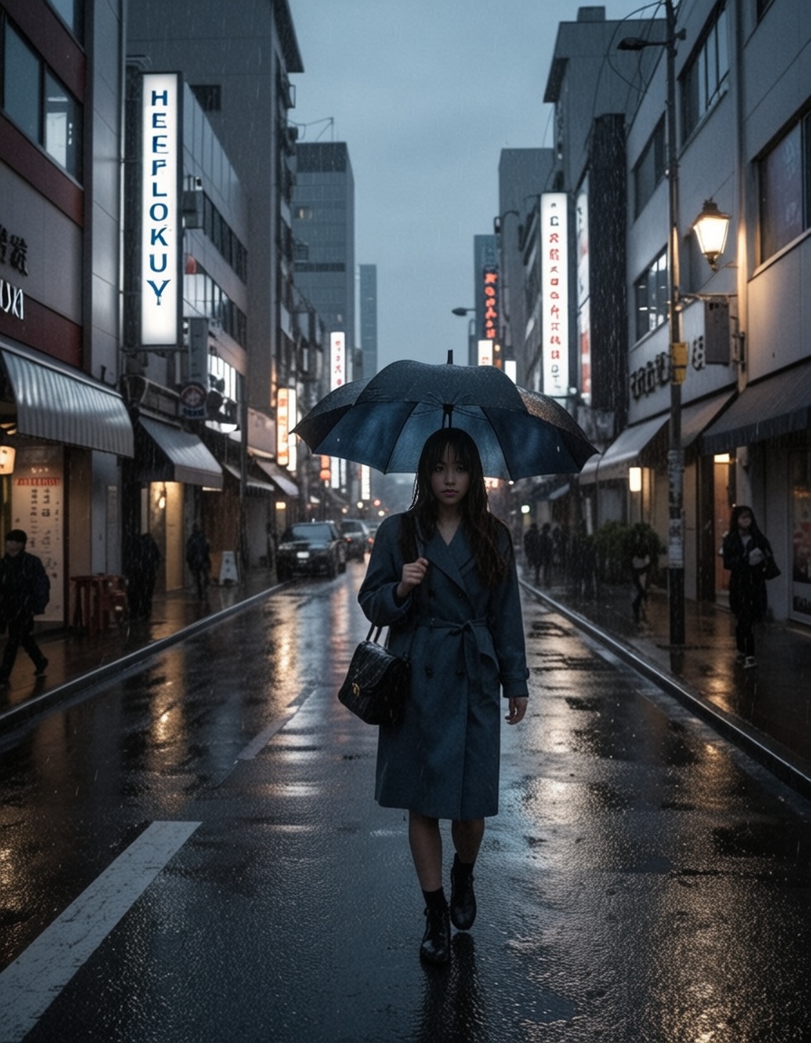 ehcinematic,  girl walking by the streets of shinjuku under the rain on Tensor.Art