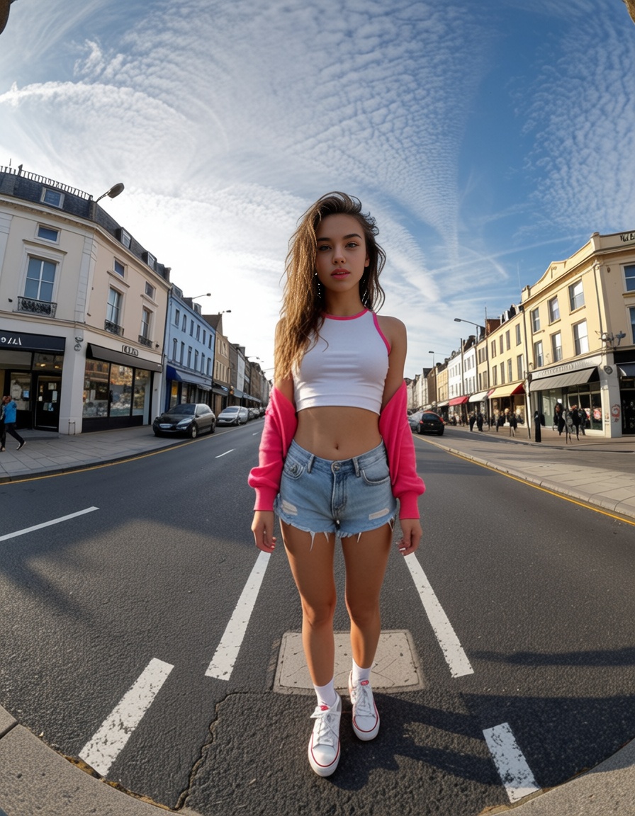 eh360photography,  girl walking down the street in 80's outfit on Tensor.Art