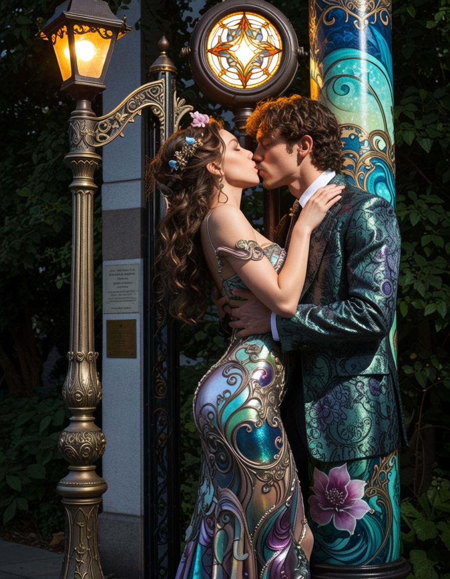 ehartnoveau,  a couple kissing under a lampost,  lazypos on Tensor.Art