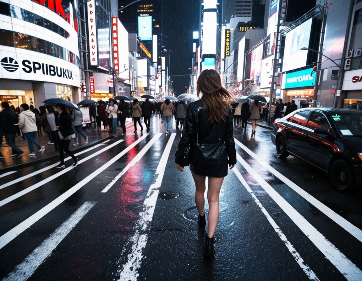 ehgopro,  aerial view of new york,  girl walking by the streets of shinjuku under the rain on Tensor.Art