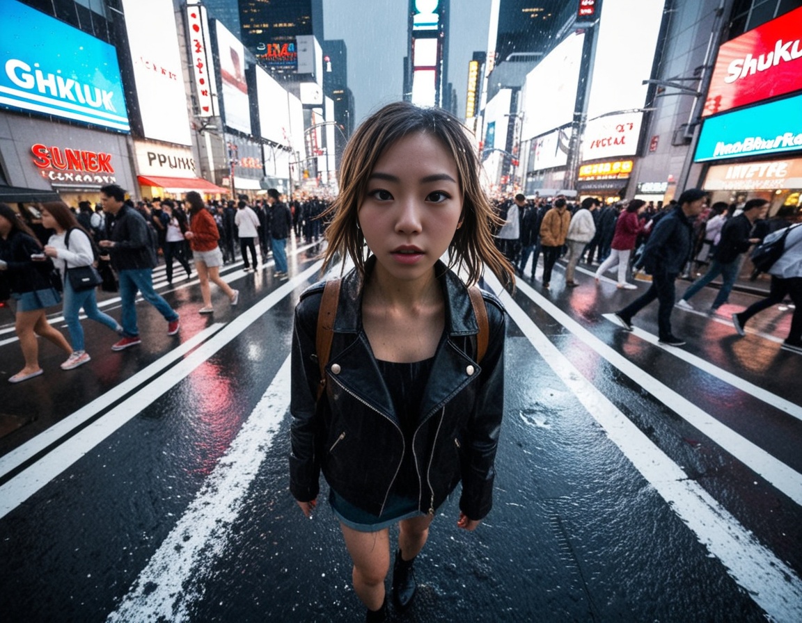 ehgopro,  aerial view of new york,  girl walking by the streets of shinjuku under the rain on Tensor.Art