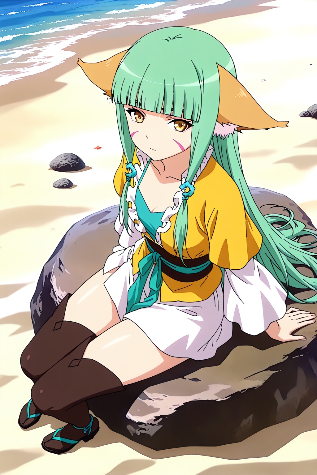on the beach,  on the beach,  Sitting on a rock on Tensor.Art