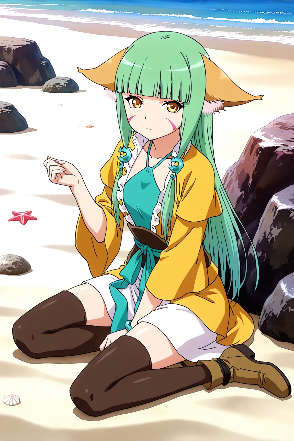 on the beach,  on the beach,  Sitting on a rock on Tensor.Art