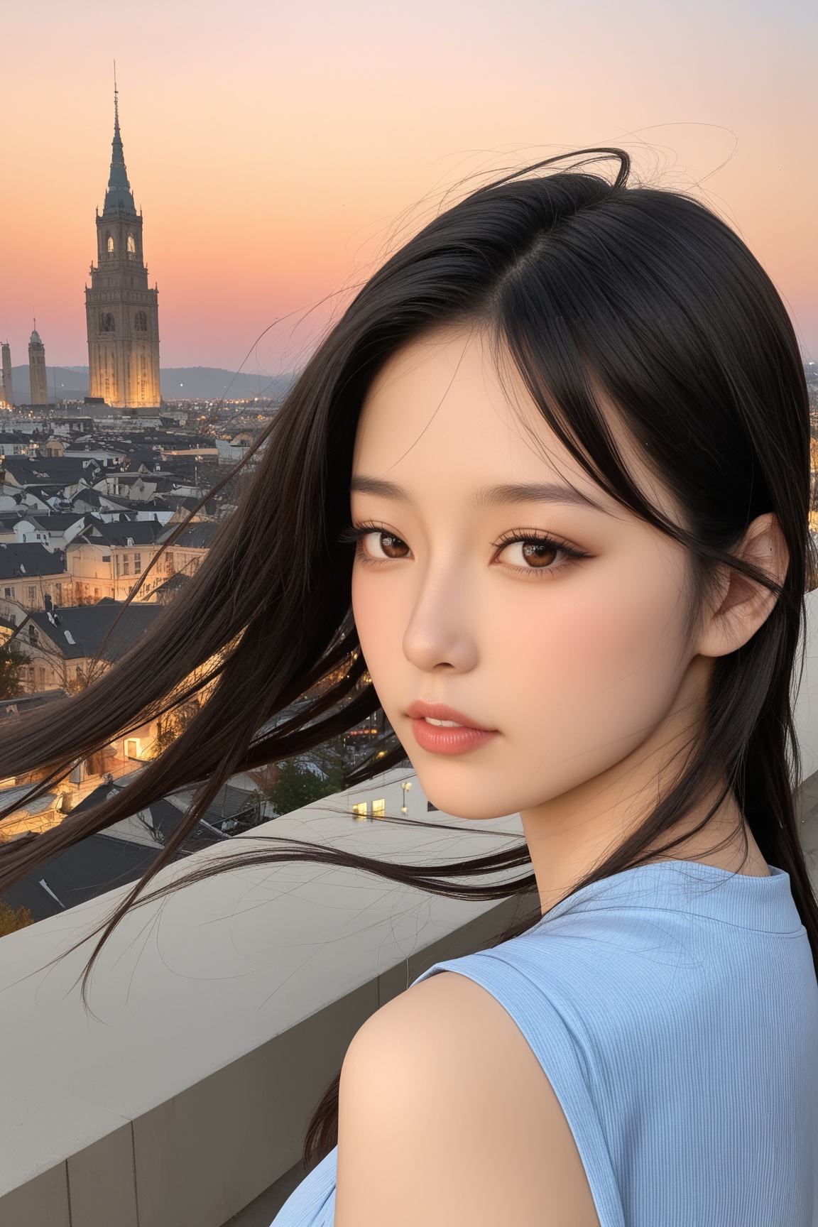 This is a highly detailed,  hyper-realistic digital painting of a young Asian woman with a serene expression. The subject...