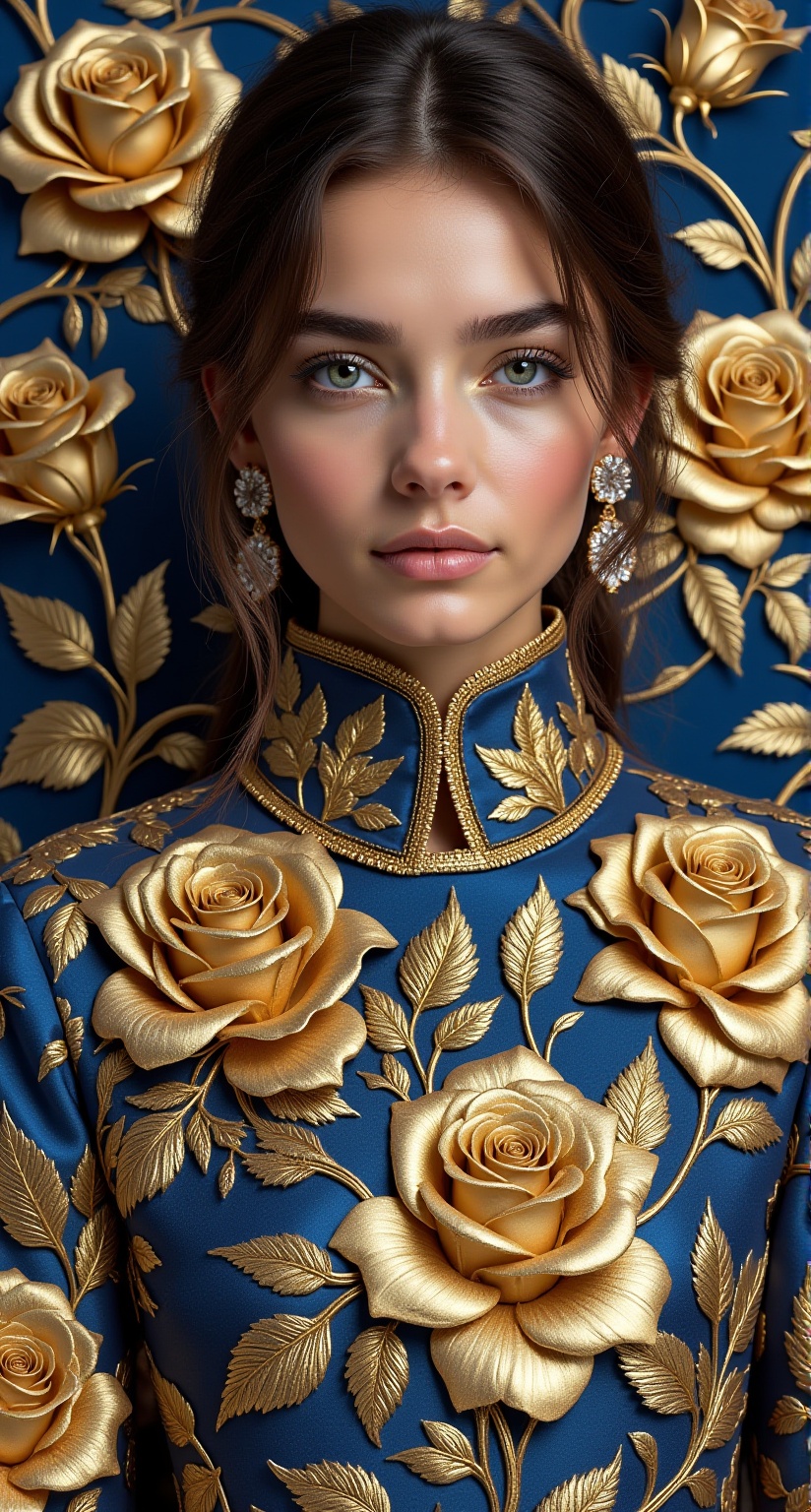 A beautiful young woman adorned in a luxurious fabric design,  featuring golden roses and metallic roses against a gold an...