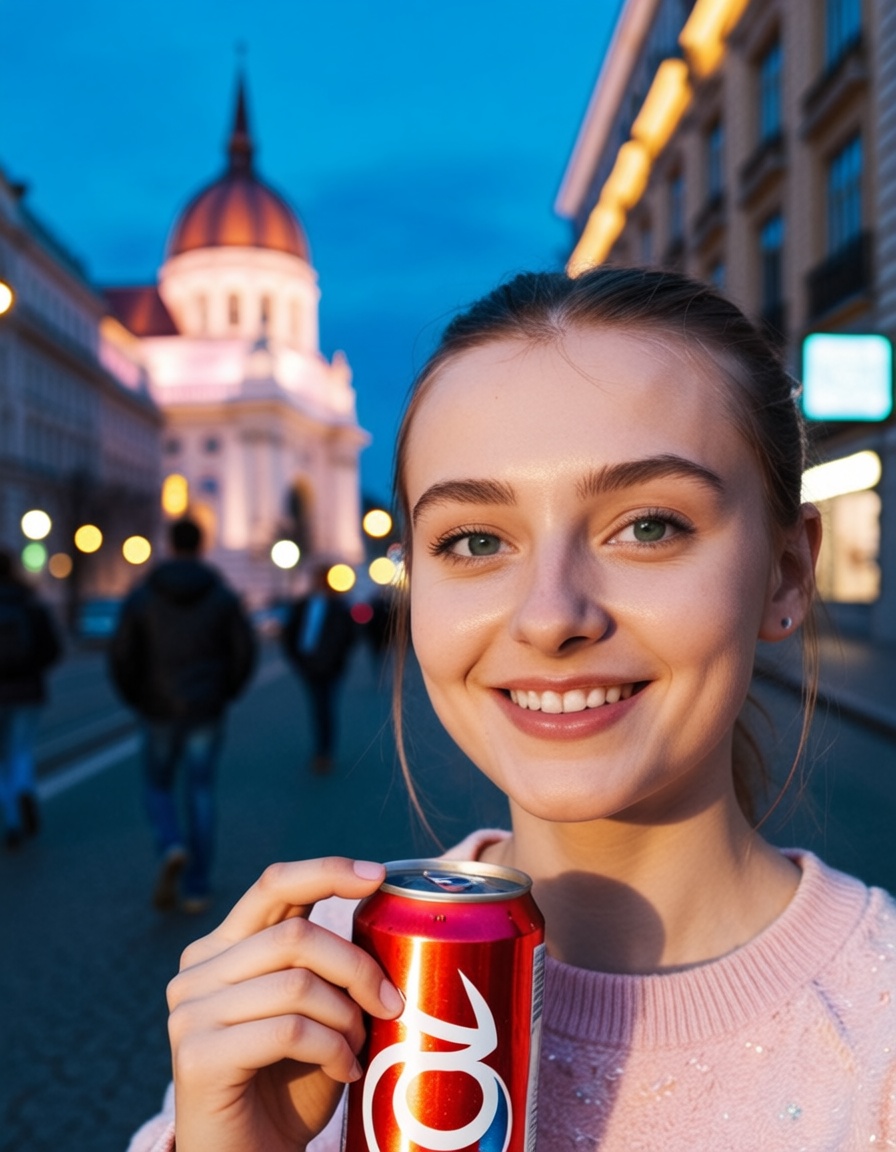 girl with a soda can in her hands,  smiling,  outdoors on Tensor.Art