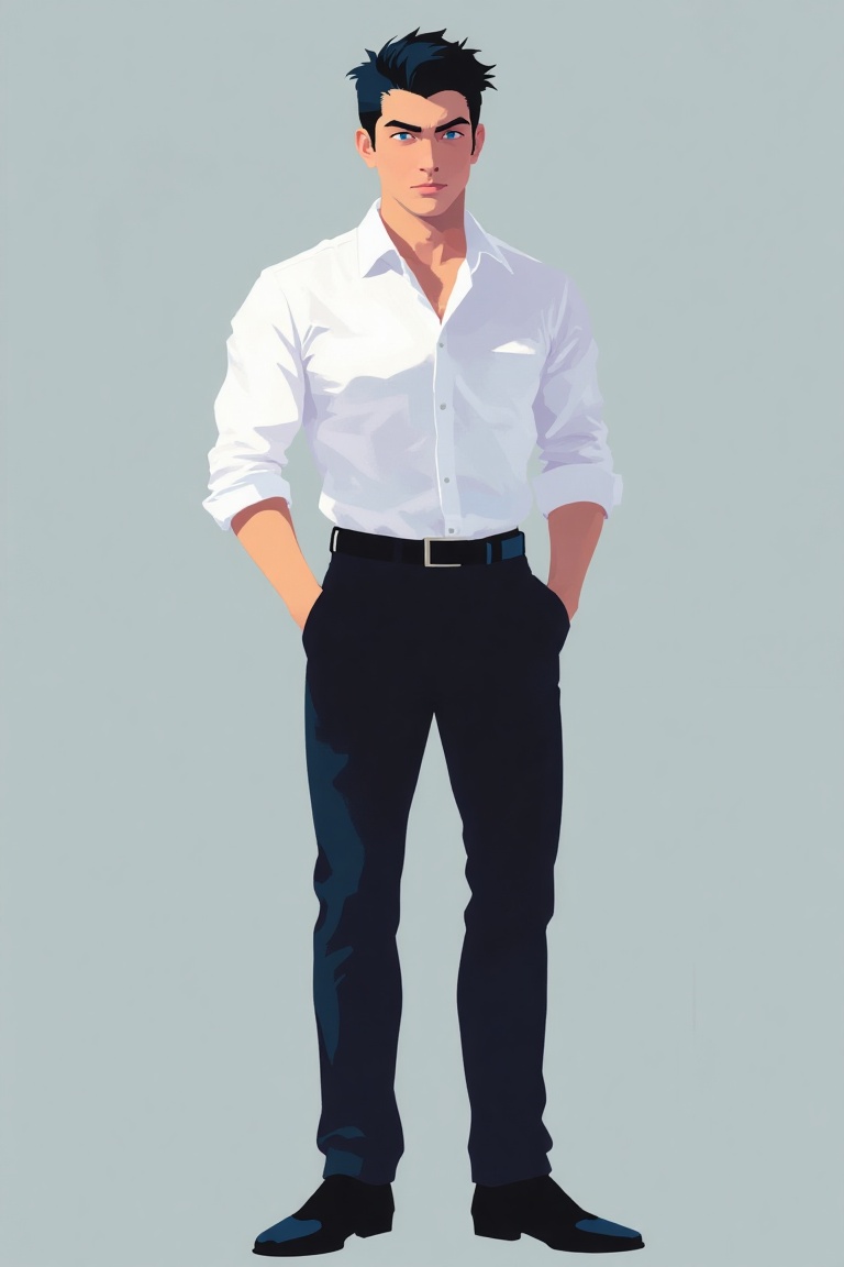 Imagine a handsome Latino man with piercing light blue eyes,  spiky black hair,  and a subtly muscular physique. Dress it...