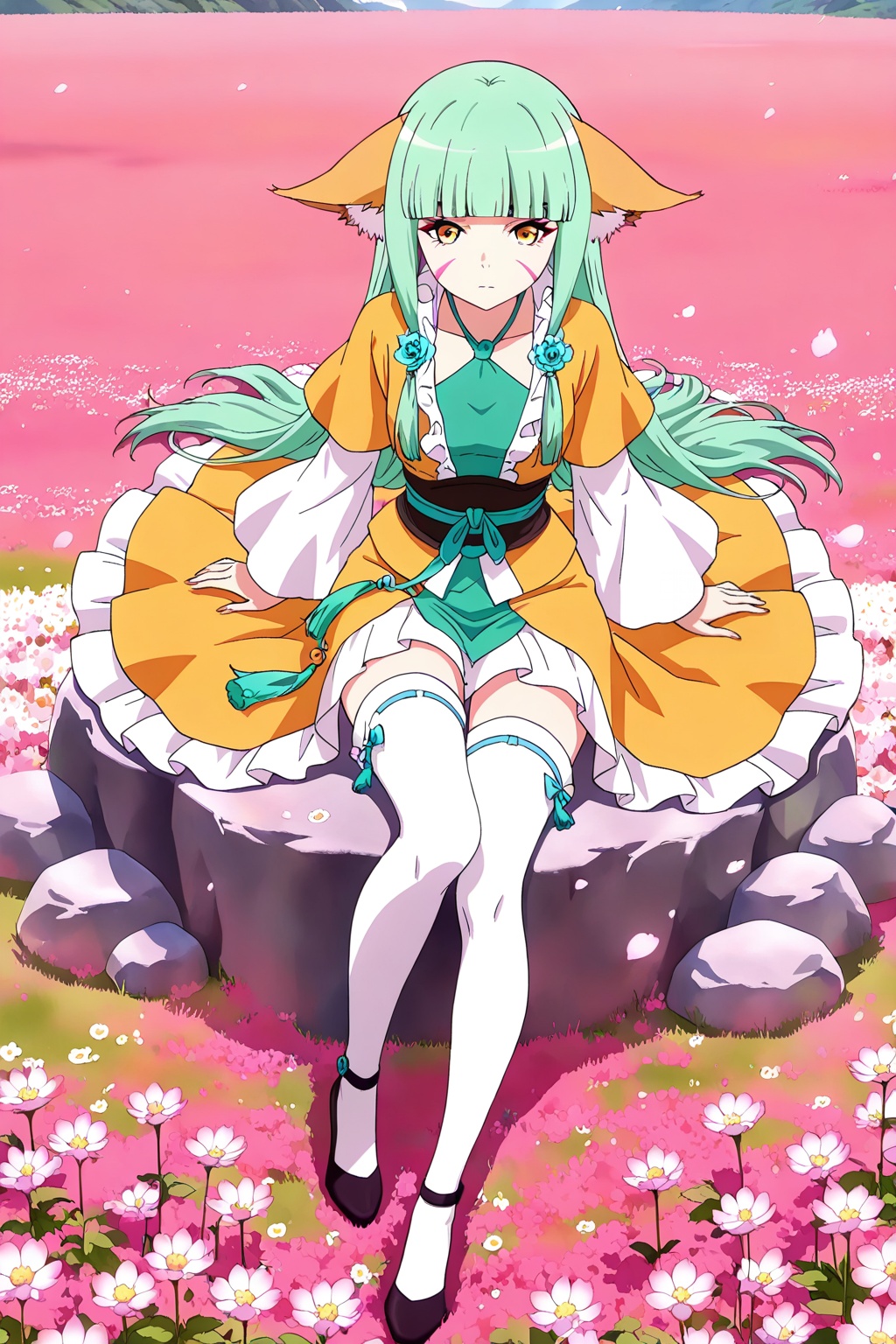 flower field,  flower field,  Sitting on a rock on Tensor.Art