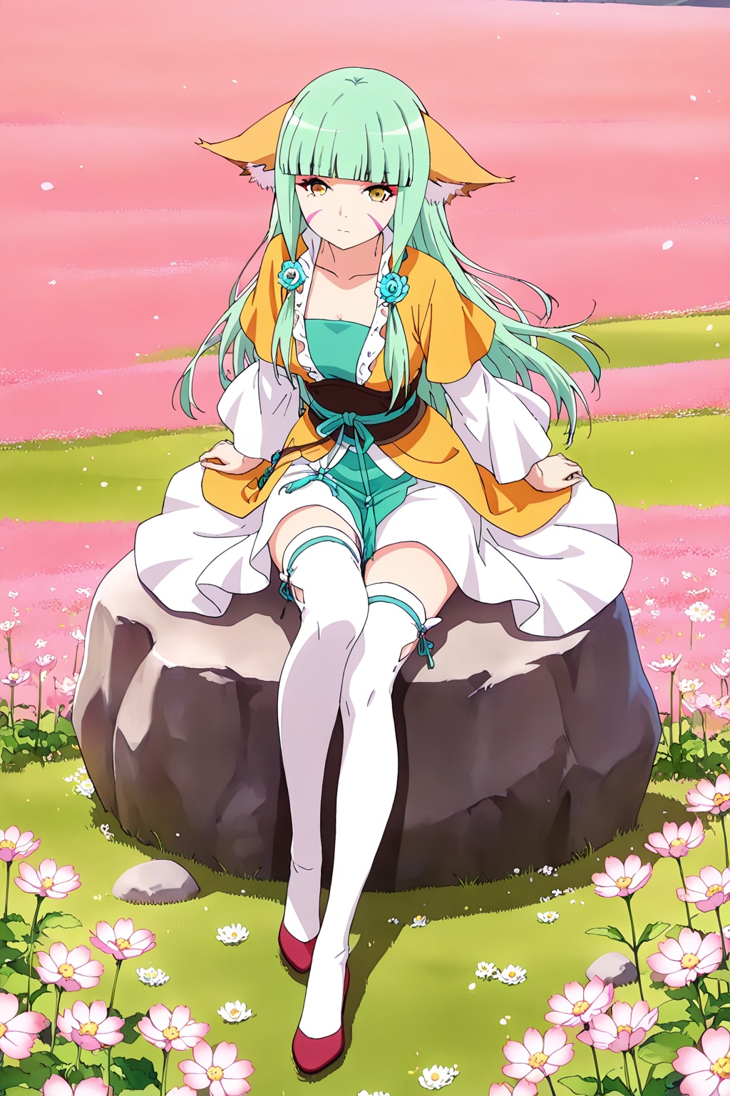 flower field,  flower field,  Sitting on a rock on Tensor.Art