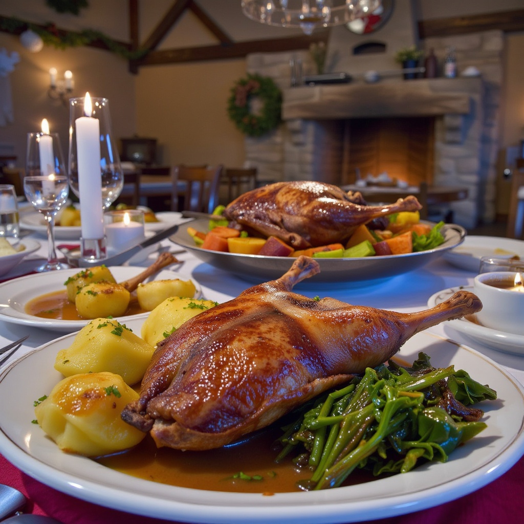 A cinematic photorealistic horizontal image of a German Christmas goose meal served inside an old tavern with stone walls...