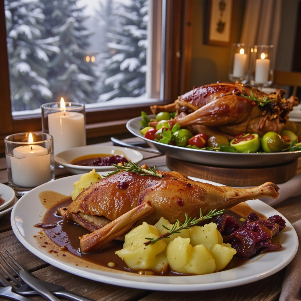 A realistic cinematic photo of a German Christmas goose dinner set near a frosty wooden window with snow outside. The roas...