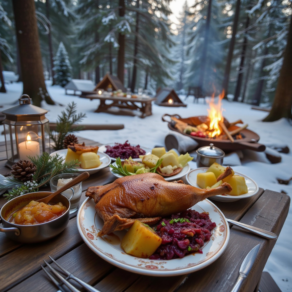 A photorealistic outdoor scene of a German Christmas roast goose lunch in a snowy pine forest. The small wooden table is s...