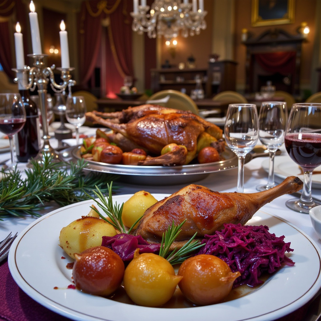 A photorealistic cinematic shot of a German Christmas feast inside a grand castle dining hall. In the foreground,  a roast...