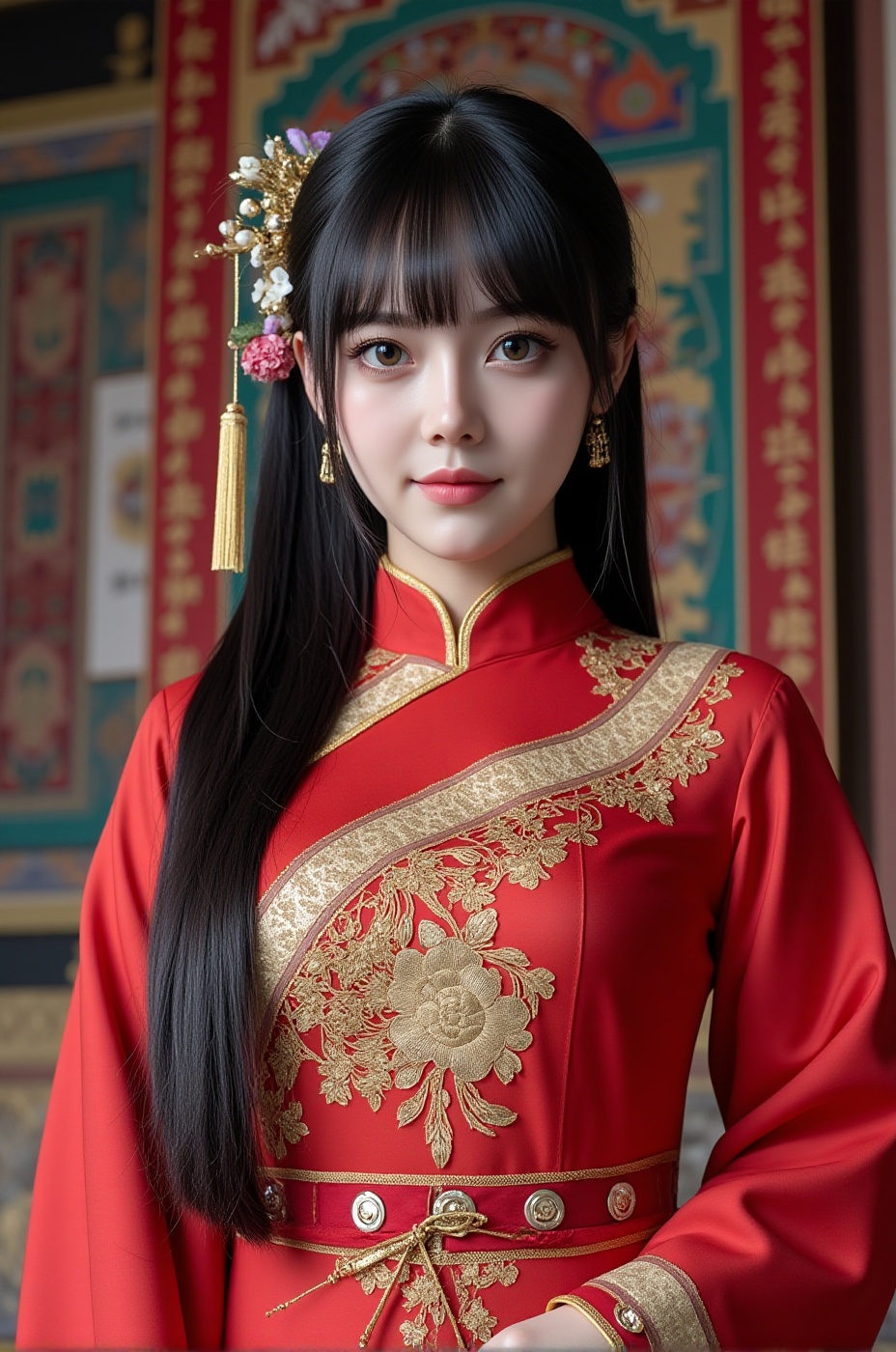 Super detailed,  super realistic,  beautiful Chinese girl Dòu Bàn Jiàng with long hair and blunt bangs. Wearing a body tig...
