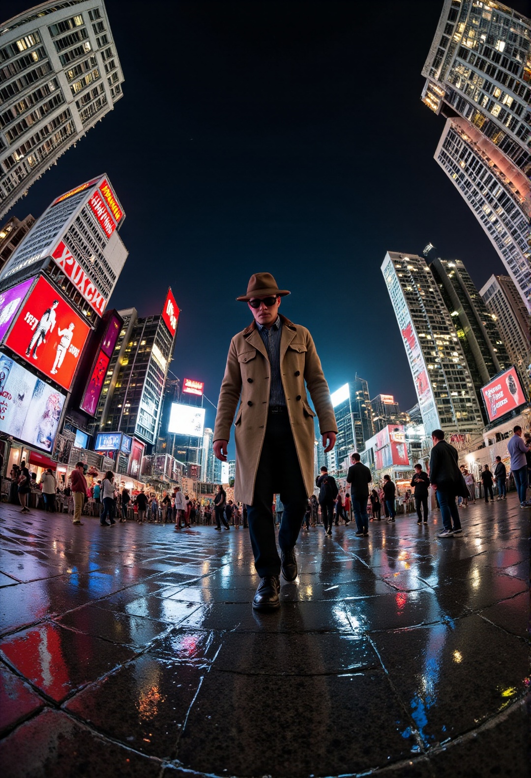 Cinematic street-level photo,  extreme fisheye lens capturing a lone detective in a drenched trench coat,  frozen mid-stri...