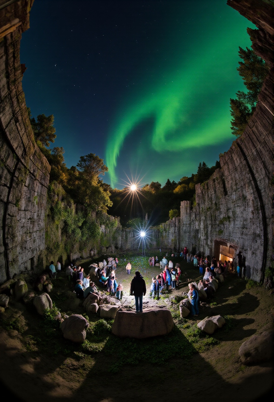 A breathtaking,  ultra-wide 180-degree fisheye photograph of an ancient druid circle at the magical hour. The camera is pl...