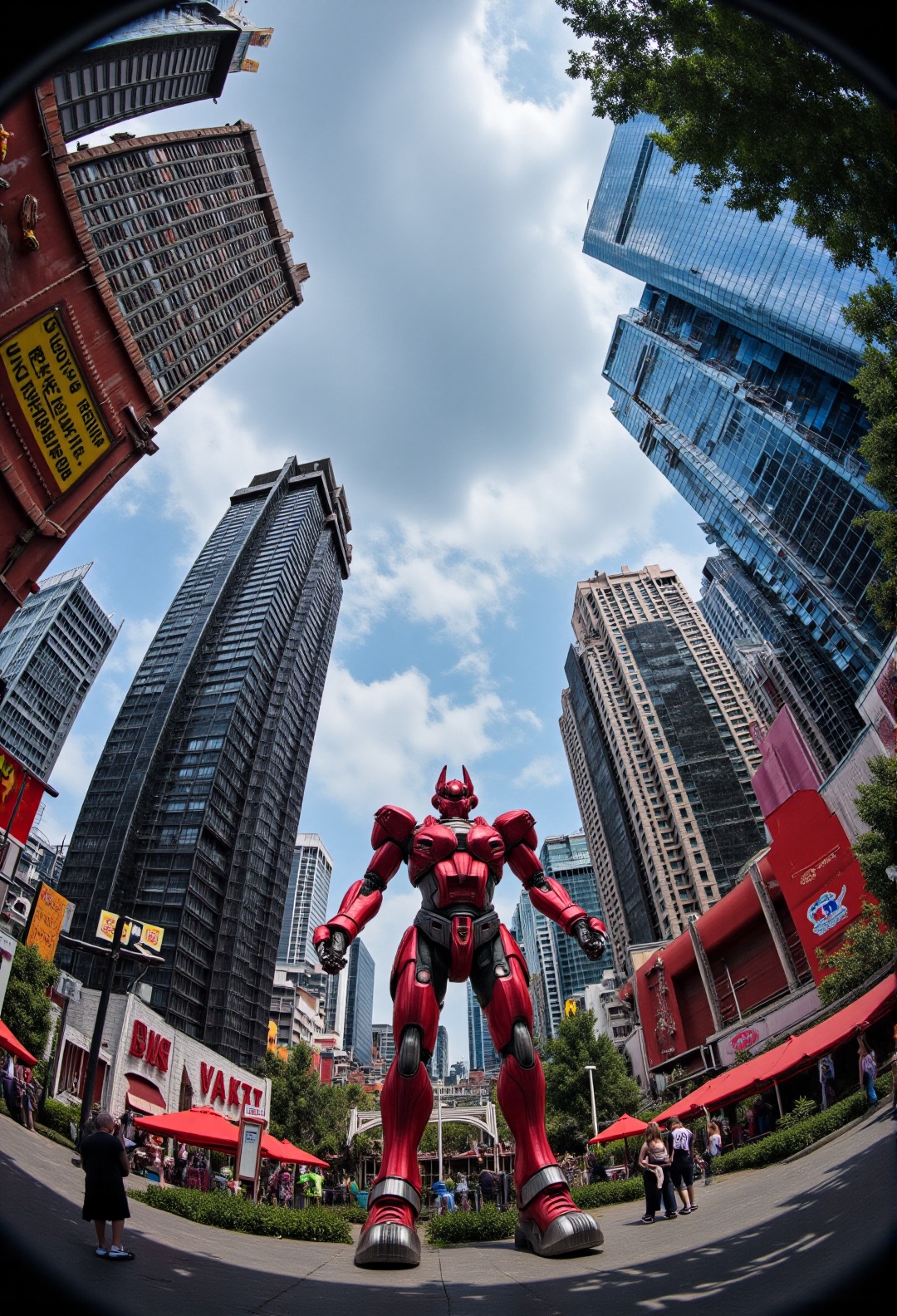 A massive futuristic city seen through a fisheye lens — towering neon skyscrapers curve inward toward the viewer,  clouds...