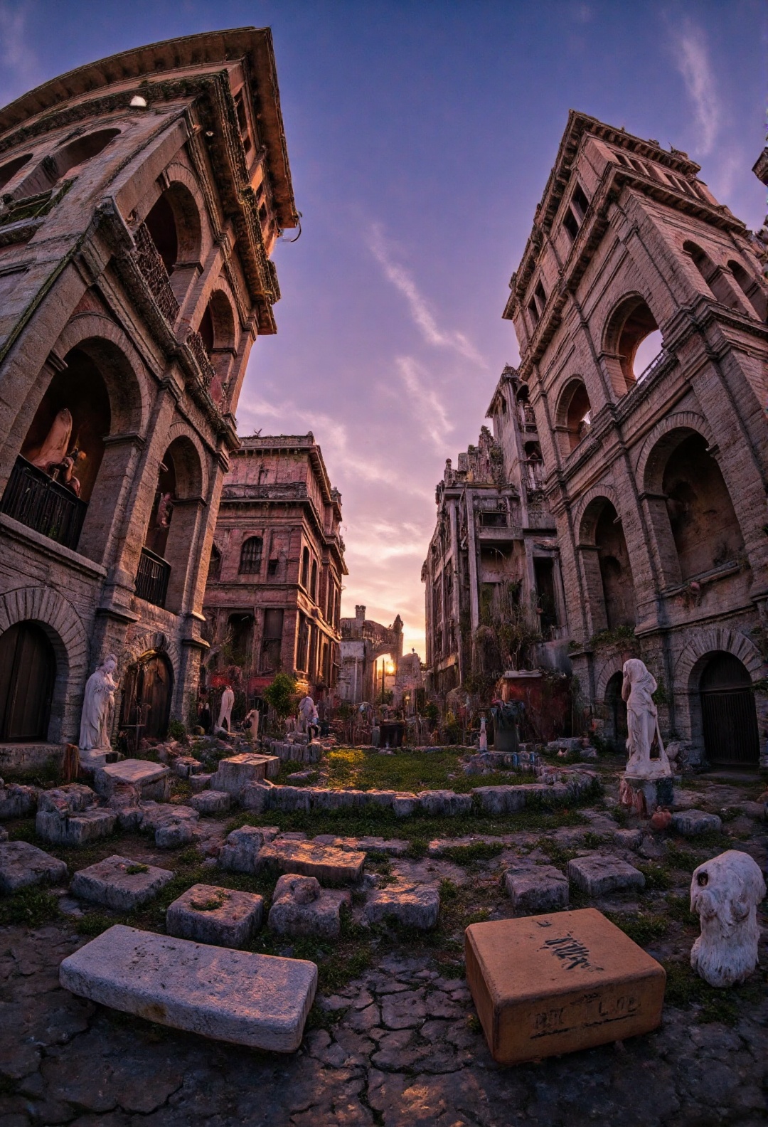 Ancient Roman colosseum ruins at twilight through Fisheye lens effect,  masterpiece,  stunning on Tensor.Art