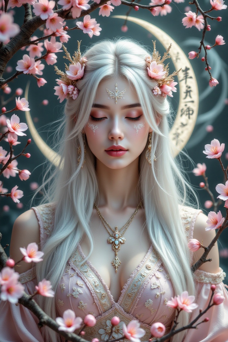Full-body shot of a beautiful,  ethereal woman with long,  flowing white hair on Tensor.Art