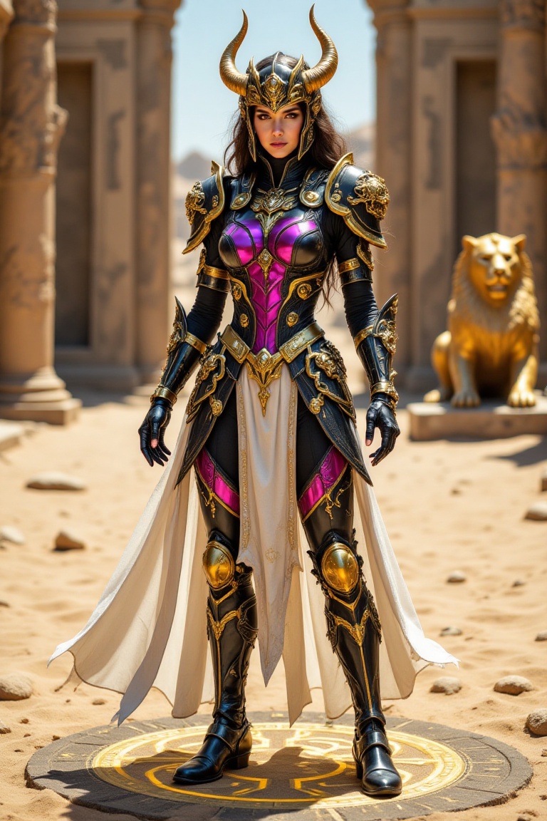 Full-body shot of a majestic female figure in intricate,  futuristic armor,  standing confidently in a vast desert landsca...