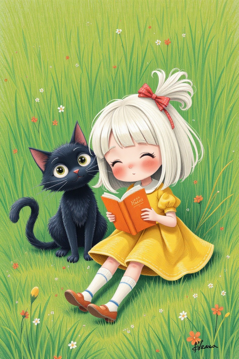 miyazaki hayao-style,  green grassland background,  black cat and white-haired girl with yellow dress holding an orange bo...