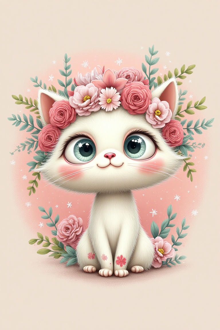 The kitten's head is surrounded by a wreath of various flowers. There are sparkles in the eyes. Around the eyes are stars....