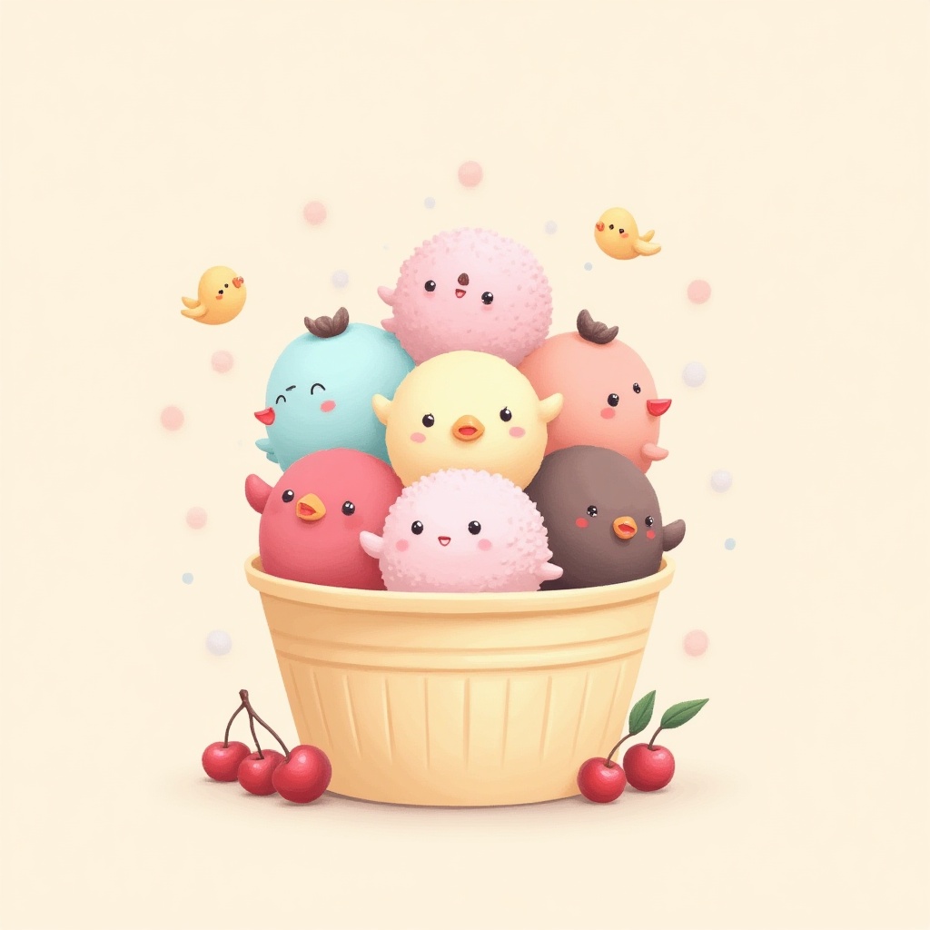 a cute illustration of ice cream scoops in a paper cup,  surrounded by small fluffy birds and cherries,  in pastel colors...