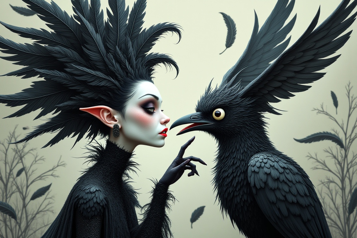 a pale woman with black hair and dark eyes,  wearing an elaborate crown of crows on her head,  is reaching out to touch th...