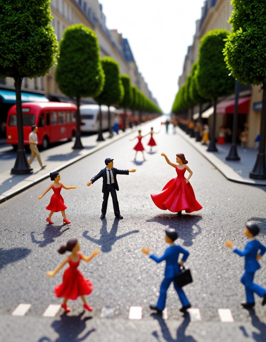 ehminiature,  girl in red dress dancing in the streets of paris on Tensor.Art