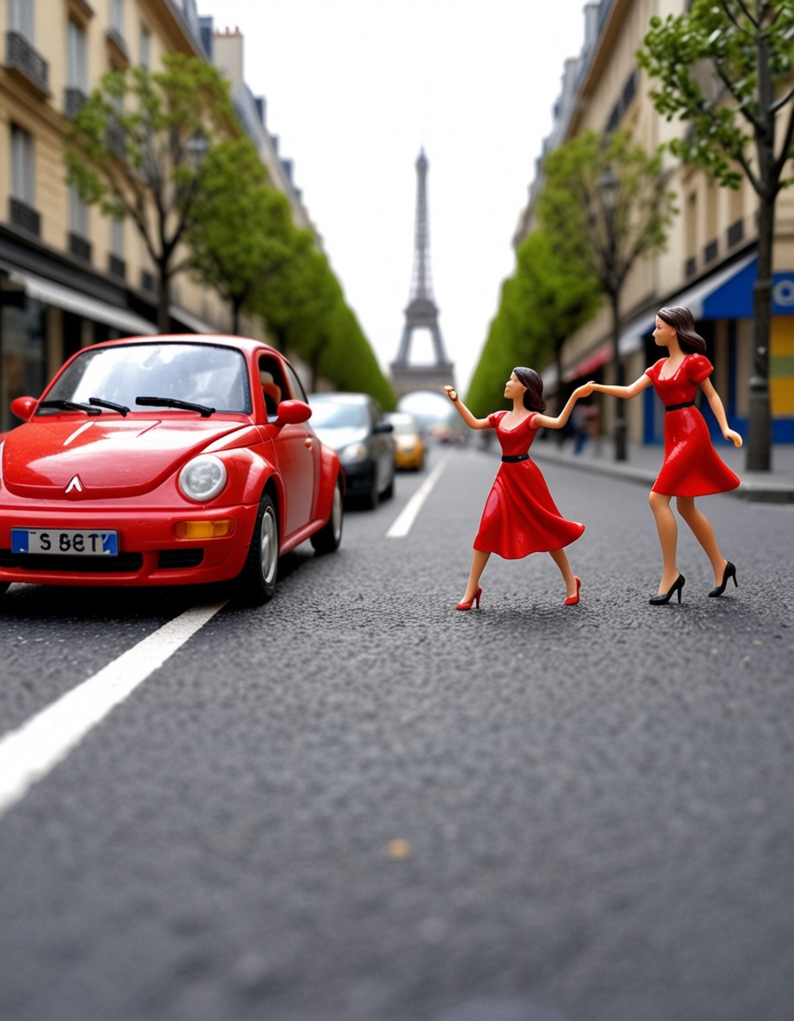 ehminiaturepeople,  girl in red dress dancing in the streets of paris on Tensor.Art