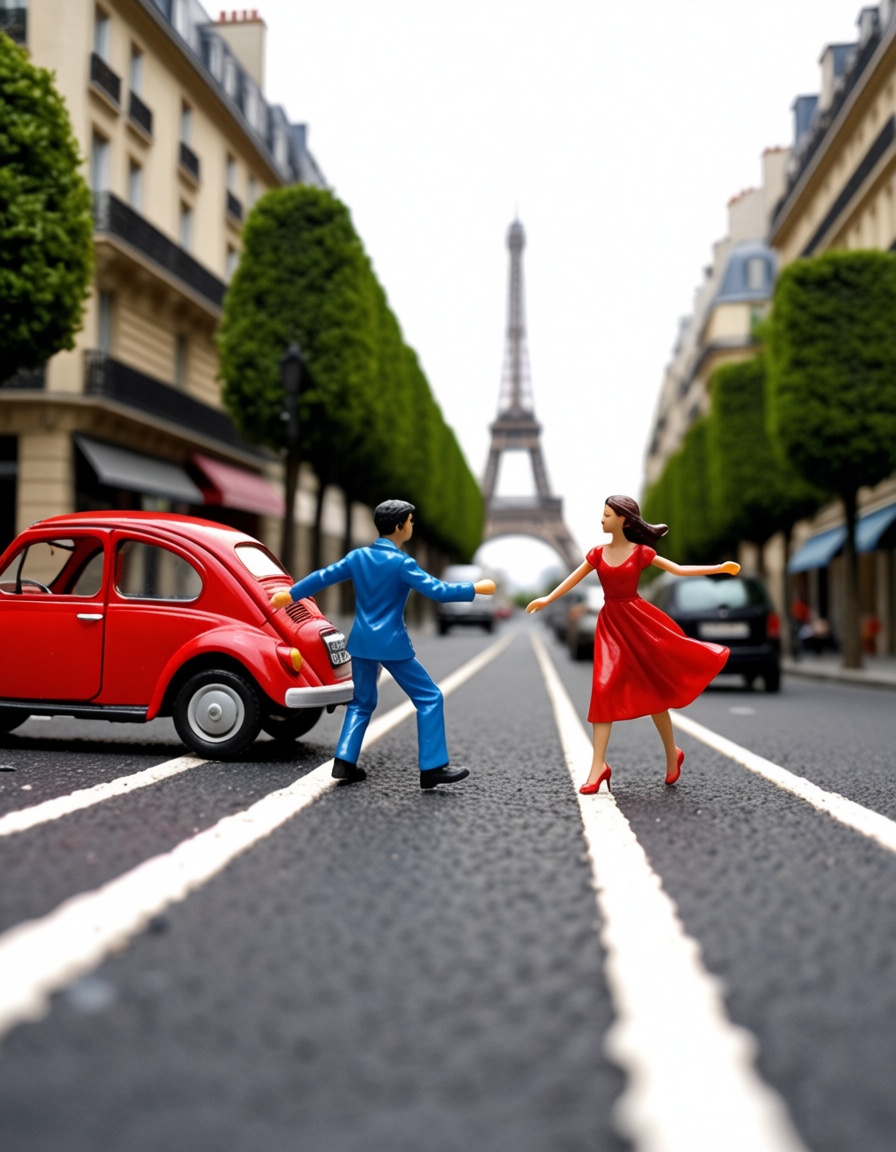 ehminiaturepeople,  girl in red dress dancing in the streets of paris on Tensor.Art
