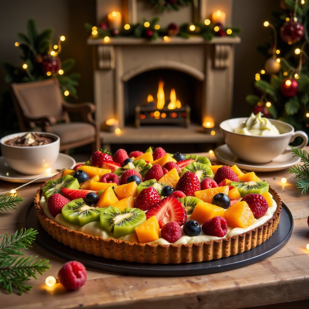 A French countryside-style indoor scene,  wooden table with a Christmas fruit tart topped with kiwi slices,  strawberries...