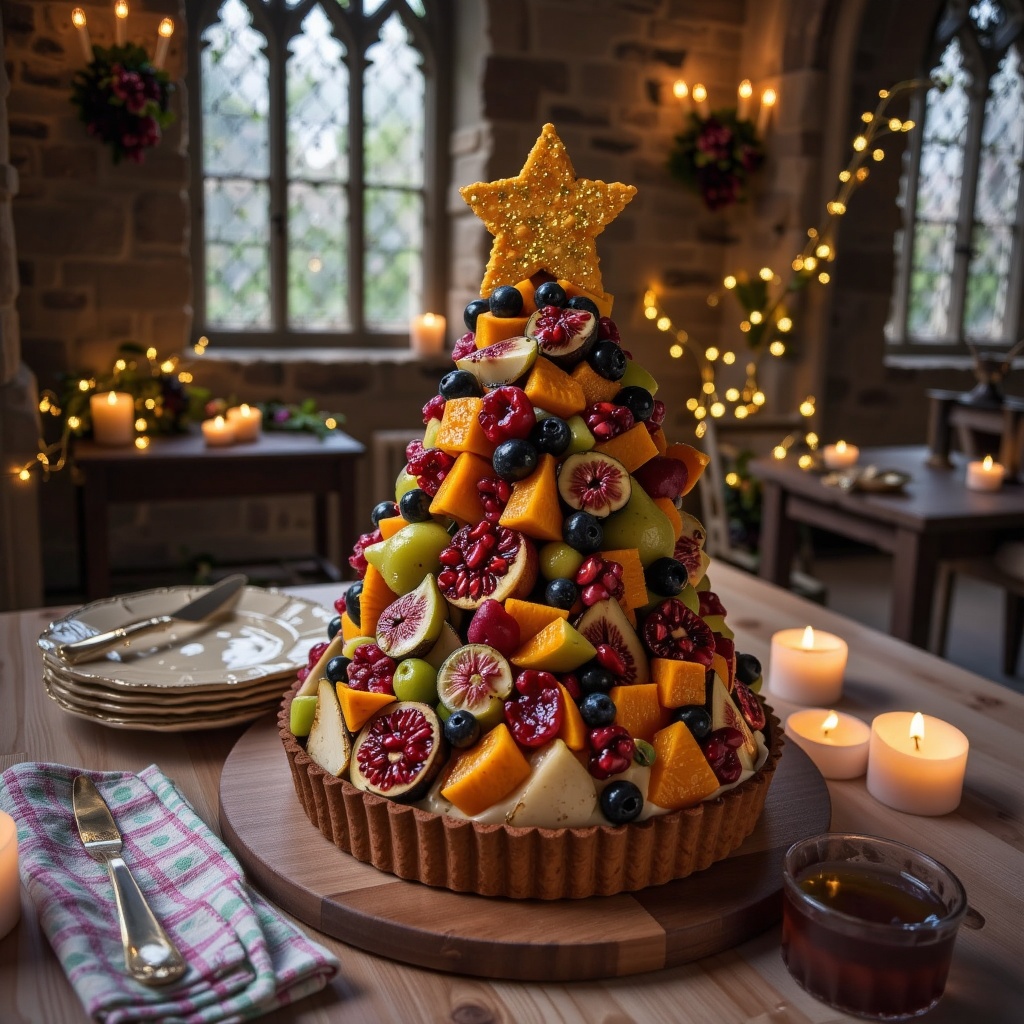 A Belgian Gothic-style indoor scene with stone walls and tall windows,  wooden table with a Christmas fruit tart topped wi...