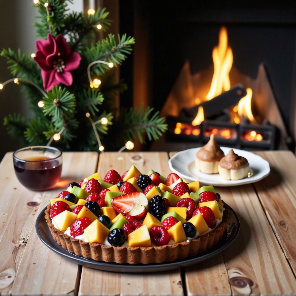 English countryside cottage indoor scene,  wooden table near a fireplace with a Christmas fruit tart topped with strawberr...