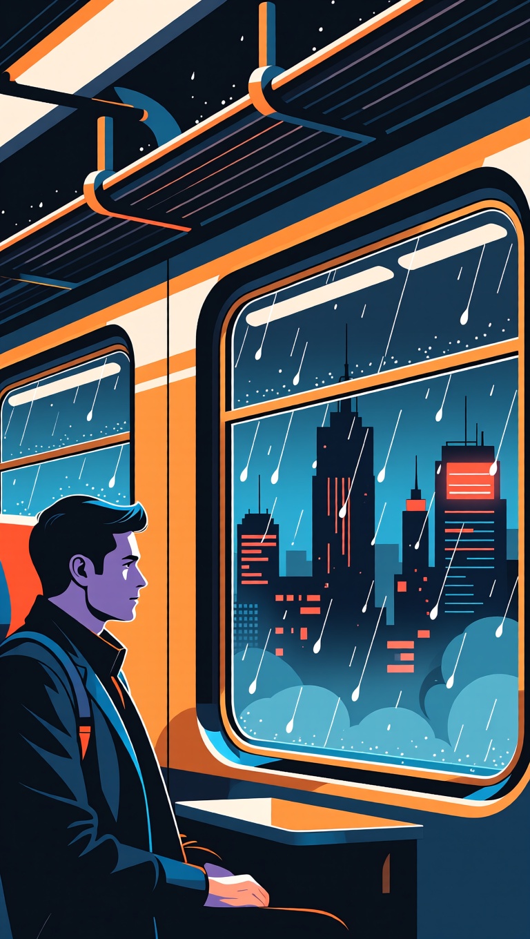 A stylized vector scene inside a train at midnight. Rain streaks across large rectangular windows; reflections of neon cit...