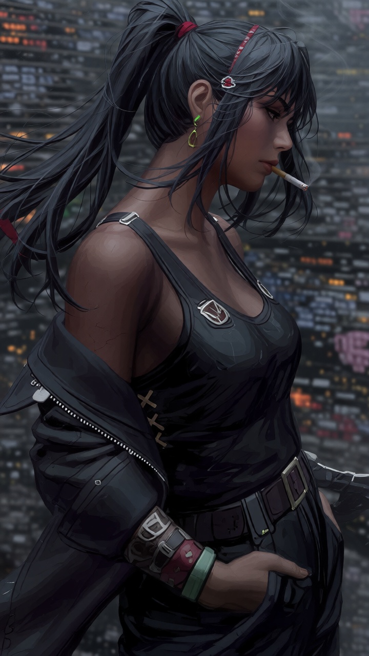 txzncg,  a vibrant animated woman with long black hair wearing a black **** top and a black leather vest. She is standing...