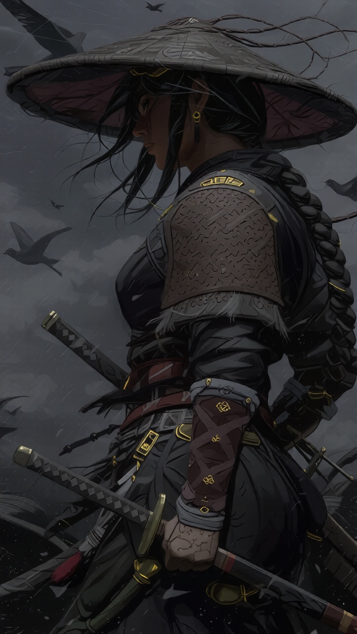 txzncg,  a cartoon depiction of a female warrior dressed in a black outfit adorned with a golden lantern in the center. Sh...