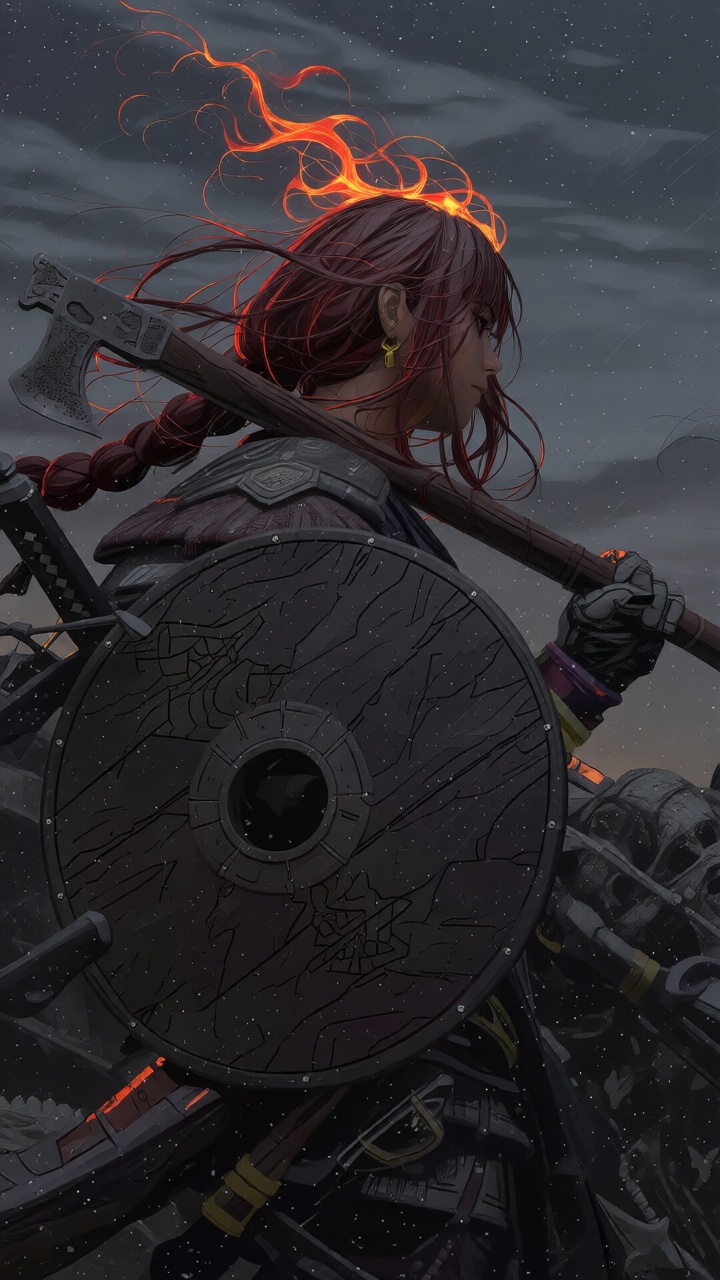 txzncg,  Captured at eye-level a cartoon depiction of a woman with long red hair wearing a black coat holding a large axe...