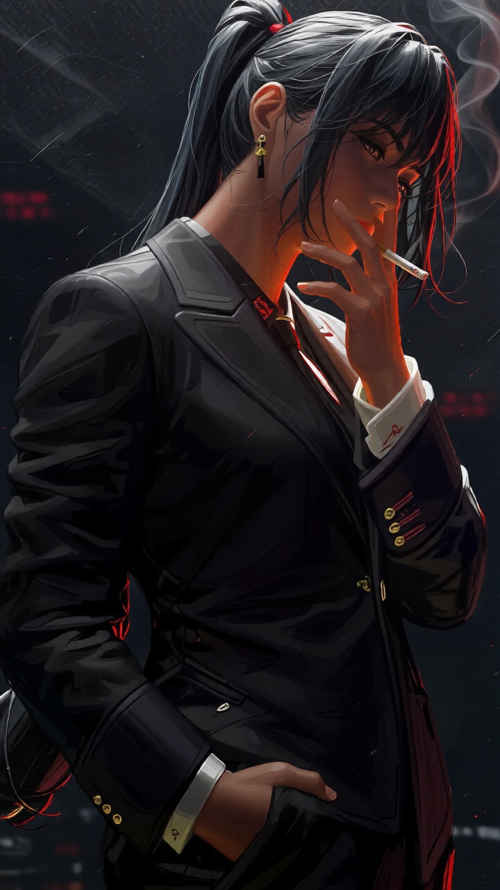 txzncg,  Captured at eye-level a digital painting of a woman with long dark hair in a ponytail wearing a black suit jacket...