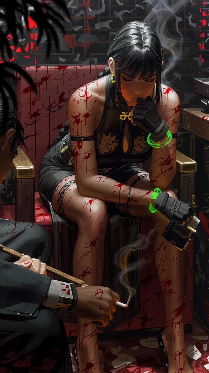 txzncg,  An animated image of a woman sitting on a red chair. The woman is wearing a black **** top and black high heels....