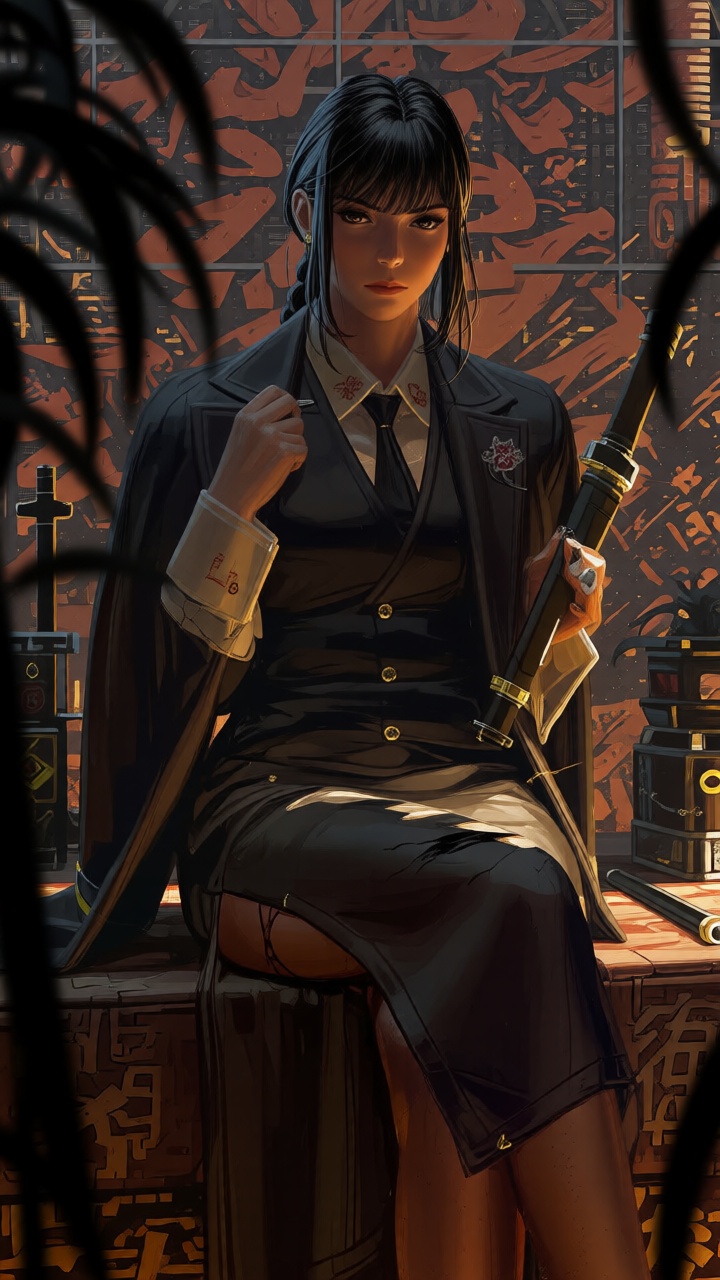 txzncg,  a digital painting captures a woman in a black dress with a white shirt and black tie. She is sitting on a brown...
