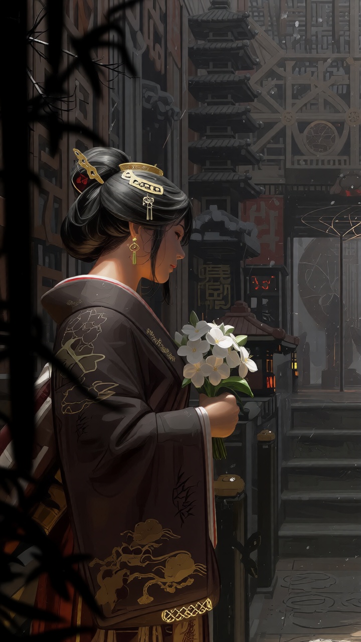 txzncg,  Captured at eye-level on a low-angle perspective a woman dressed in a traditional Japanese kimono adorned with a...