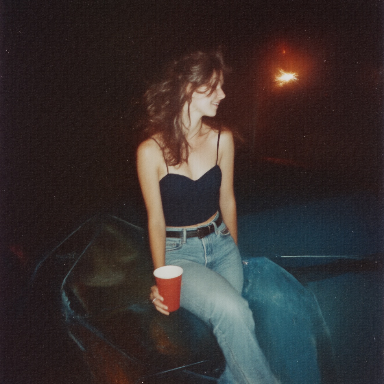 90zVibez,  A nostalgic 90s snapshot of a woman sitting on the hood of a car at night outside a house party,  holding a red...