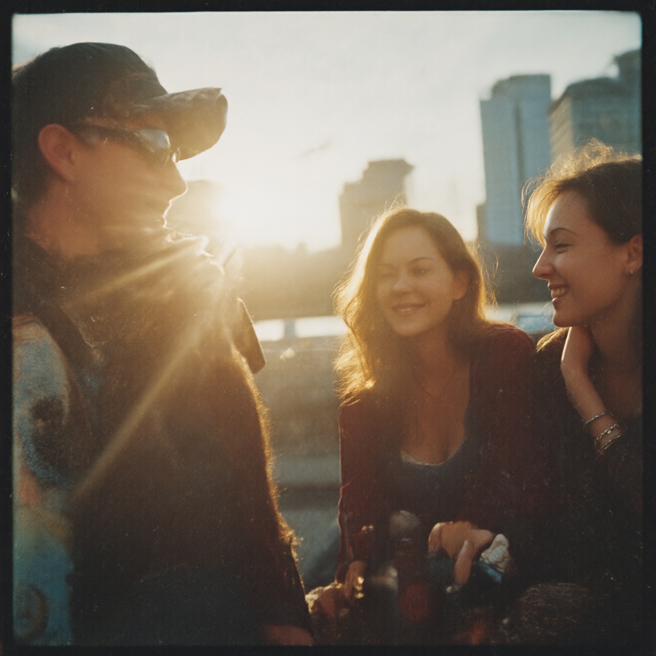 90zVibez ,  A nostalgic 90s snapshot of a group of friends sitting on a rooftop at sunset,  drinking from bottles on Tenso...