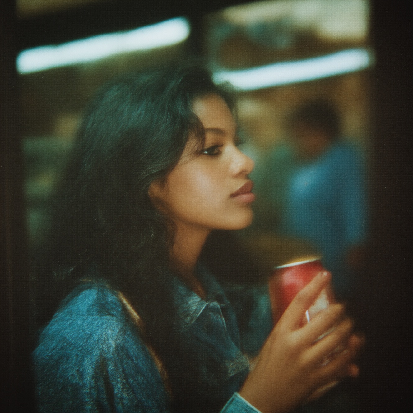 90zVibez ,  A nostalgic 90s snapshot of a woman standing outside a convenience store at night,  neon lights reflecting on...