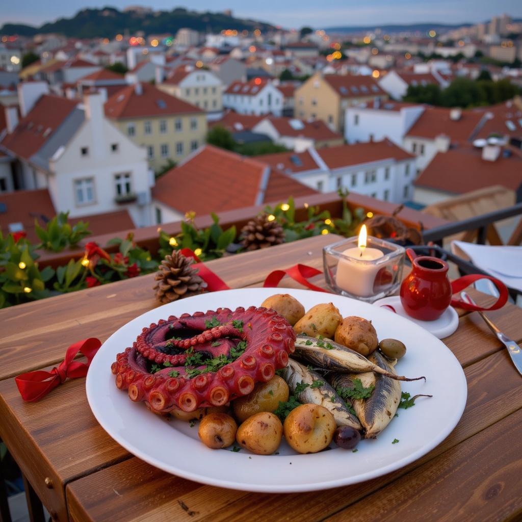 Lisbon rooftop terrace at Christmas,  roasted octopus in the foreground on a festive plate,  glistening tentacles on Tenso...