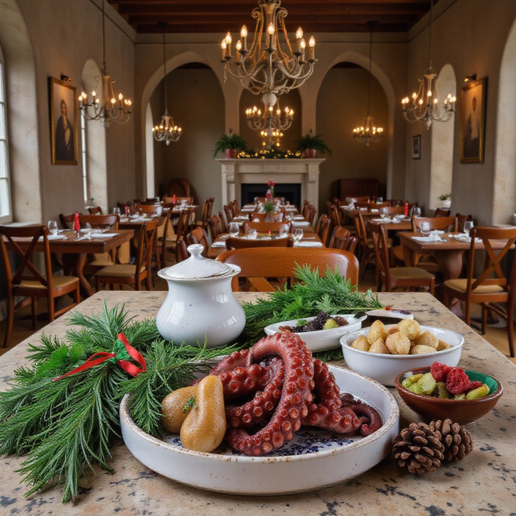 : Historic Lisbon hall,  roasted octopus in foreground as main focus,  surrounded by Bacalhau com Natas on Tensor.Art