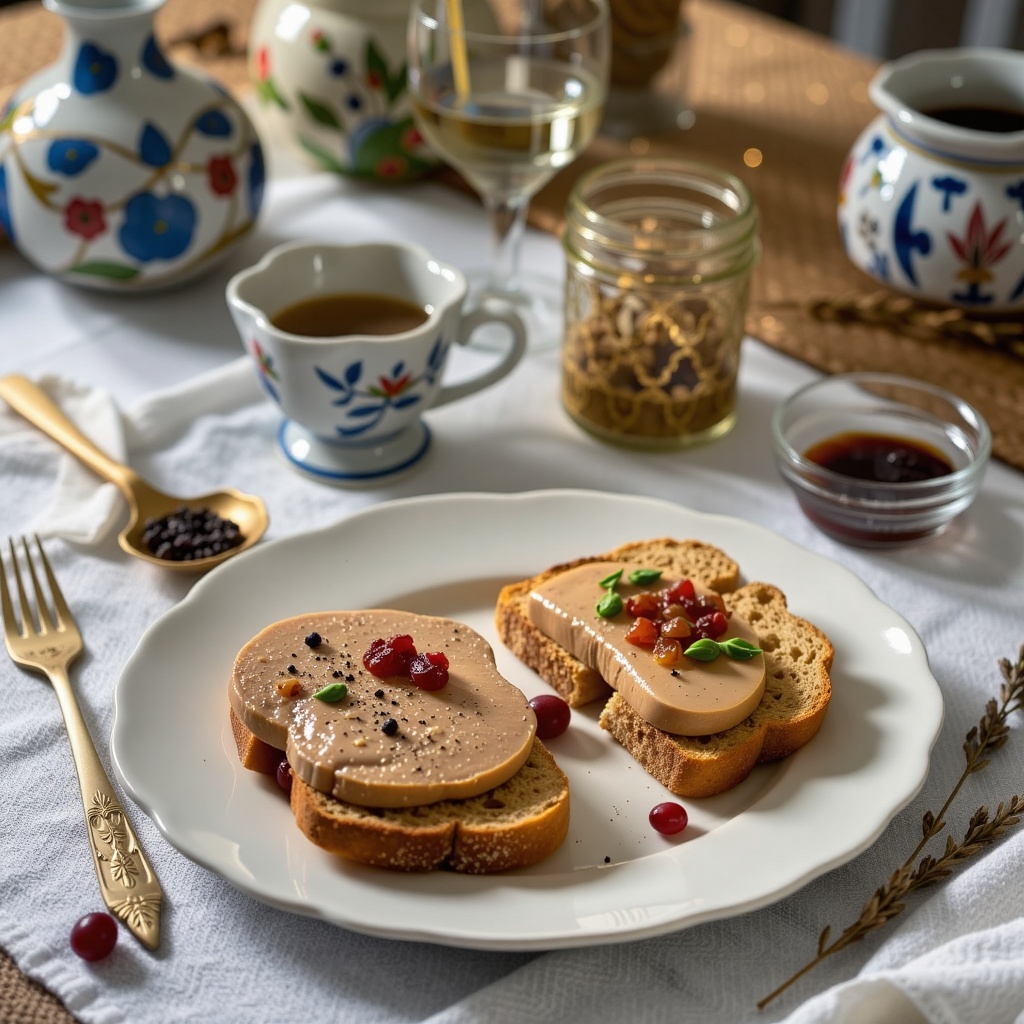 A realistic,  cinematic-style horizontal photo. In the foreground,  a fine white porcelain plate holds thick slices of Foi...