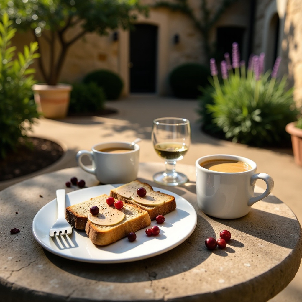 A realistic,  cinematic-style outdoor scene. On a Provence-style stone garden table,  toasted French bread topped with sli...