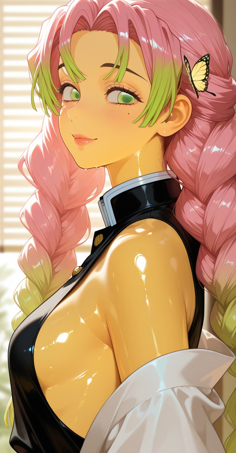1girl,  solo,  long green and pink multicolored hair with braided gradient on Tensor.Art